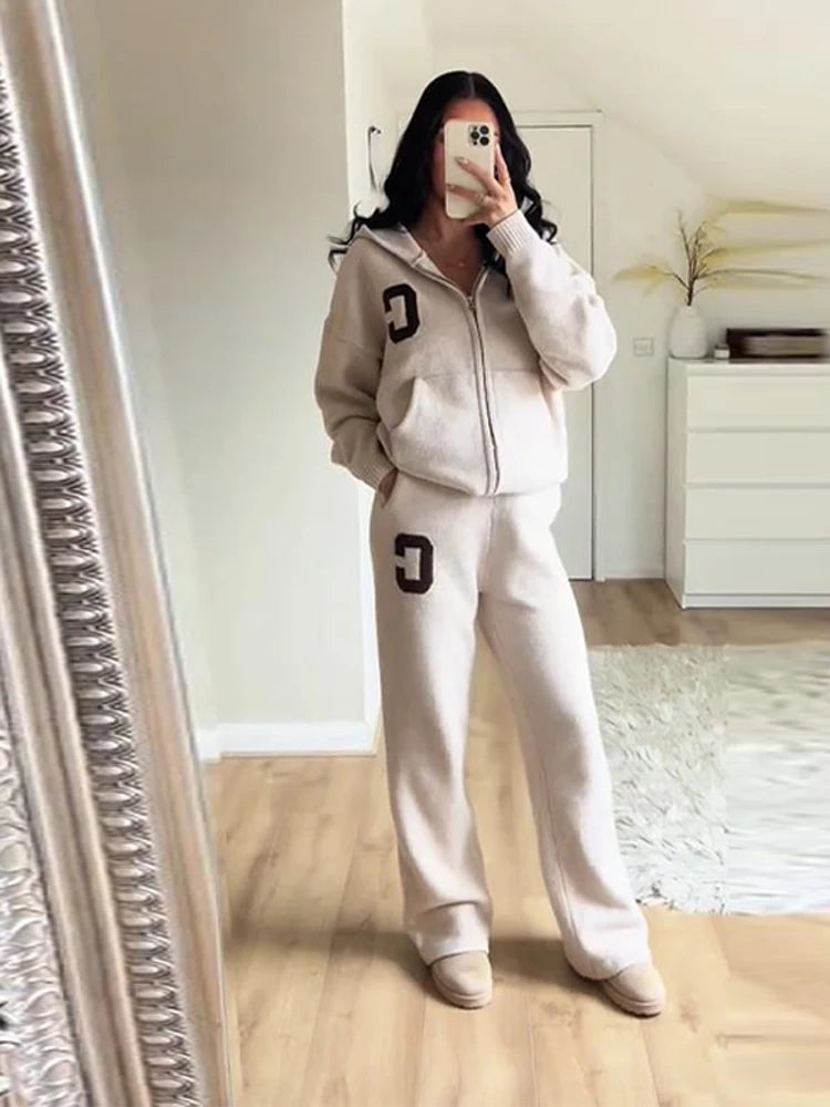 Knitted Women's Pant Sets Hooded Long Sleeve Dropped Shoulder Zipper Female Jacket Solid Elastic Waist Straight Pants For Ladies