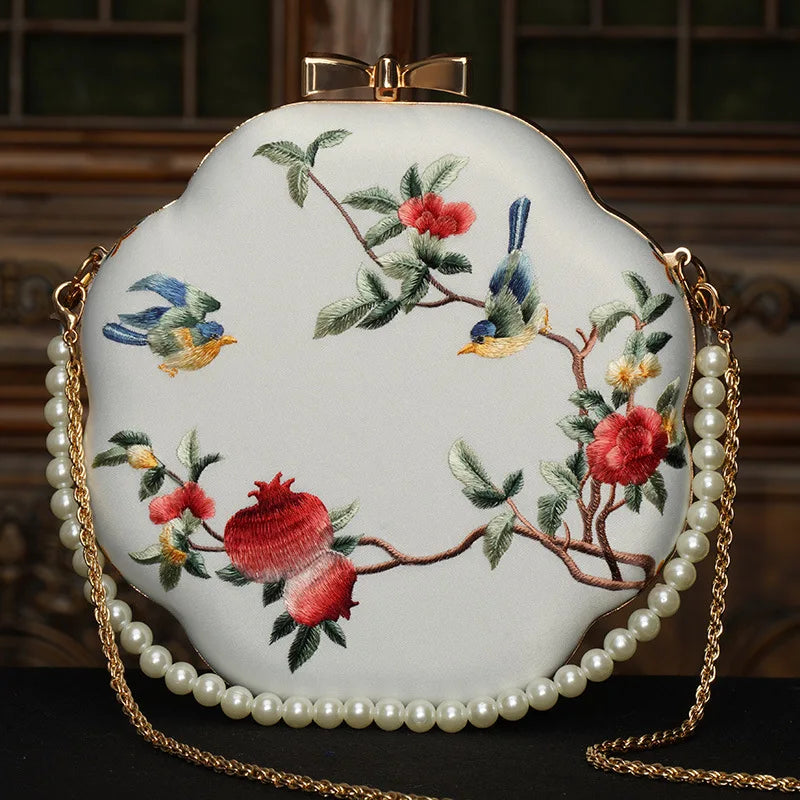 Cape-Bay Retro Versatile Women's Small Round Bag Mini Bag Chain Bag Bead Bag New Middle-Aged Mother Bag Ethnic Style Flower and Bird Embroider Shoulder Bag Crossbody Bag Wedding Banquet Wedding Bag with Cheongsam Bag Hard She