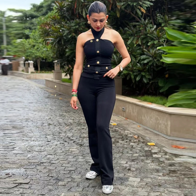 HXAO Black Flared Pant Sets Women's Two Pieces Set Button Halter Corset Top 2 Pieces Set Outfit High Waist Elastic Trousers Sets
