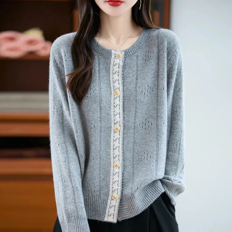 Slimming Soft Lace Splice Knitted Base Shirt French Design Sensation Knitted Open Cardigan Fashionable Anti-Aging Outerwear