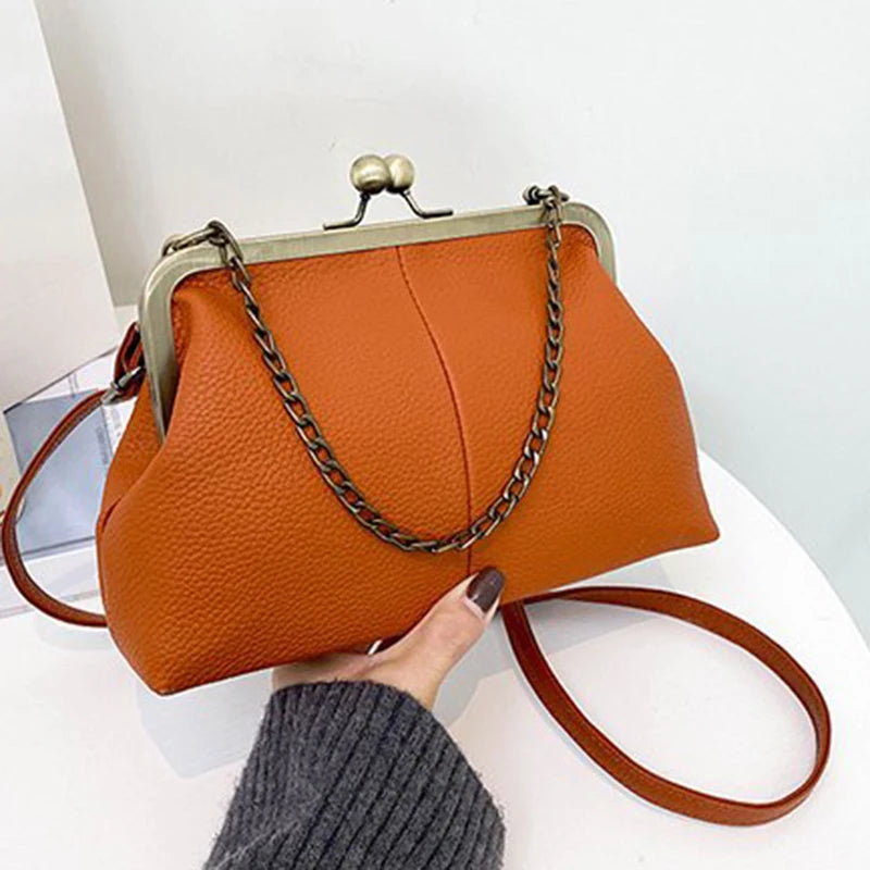 Vintage Soft Skin Shell Bag New Lychee Pattern Handbag Simple And Versatile Shoulder Bag Clip Chain Crossbody Women's Bag