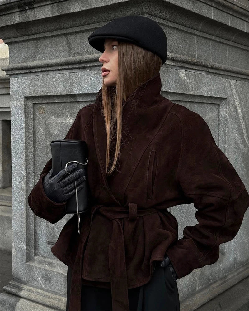 Tornova Retro Suede Long-sleeved Jacket Coat Female V neck Lace Up Jacket 2025 Autumn Winter New Commute Office Lady Outerwear