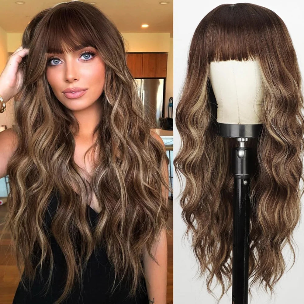 Synthetic Long Blonde Wigs with Bangs for Women Curly Wavy Hair Wigs Heat Resistant Fiber Wigs for Daily Party Use 26 Inches