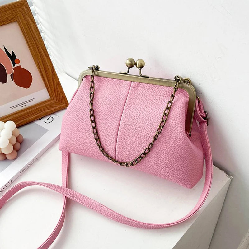 Vintage Soft Skin Shell Bag New Lychee Pattern Handbag Simple And Versatile Shoulder Bag Clip Chain Crossbody Women's Bag