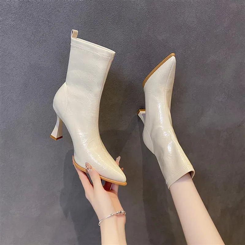 Pointed Toe High Heels Elegant Women Boots Chunky Leather Shoes 2025 Winter Fashion Pumps Chelsea Boots Dress Sexy Mujer Botas