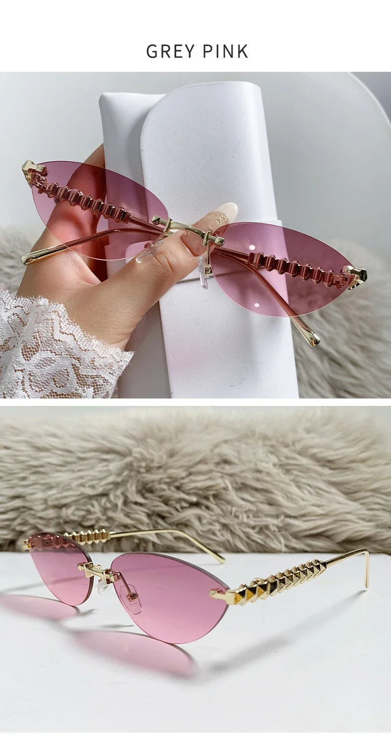 New Cat Eye Rivet Rimless Sunglasses Women Luxury Fashion Brand Oval Narrow Sun Glasses Shades Trendy Elegant Unique Eyewear