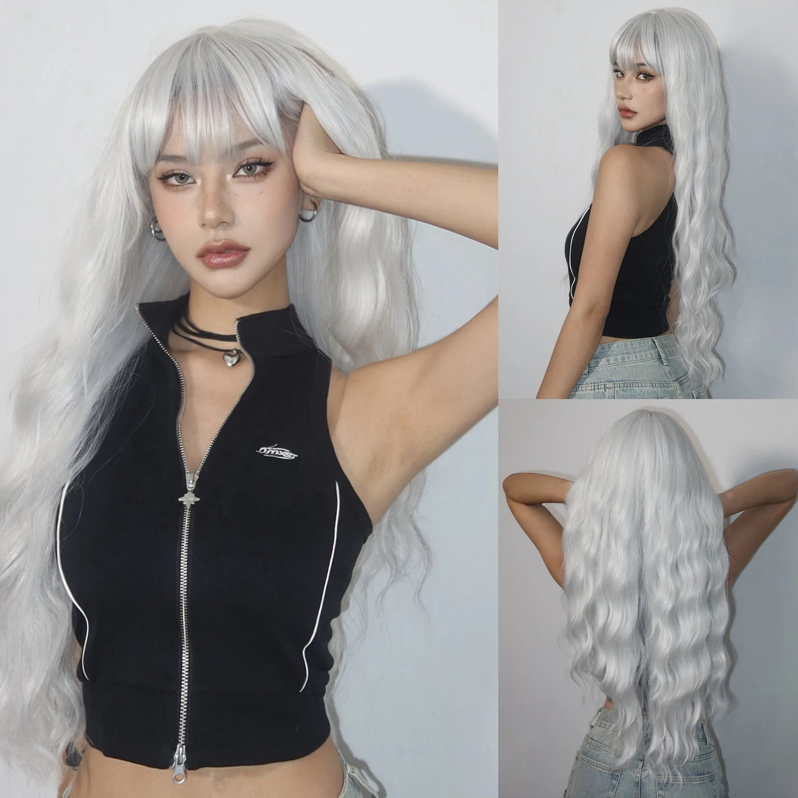 Super Long Curly Silver White Synthetic Wig Medium Part Water Wave Wigs For Women Daily Cosplay Halloween Colorfull Fake Hair