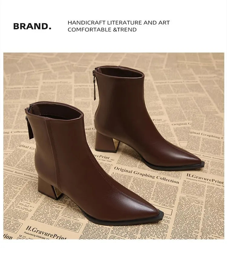 Women Artificial Leather Ankle Boots 2025 Autumn Fashion Square Heel Short Boot Ladies Casual Zipper Low Heel Shoes Botas Mujer