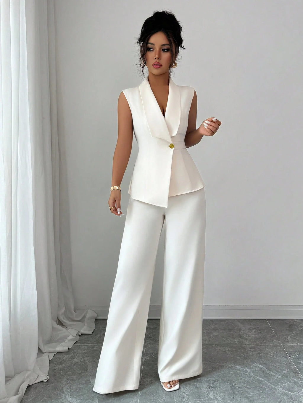 European and American Elegance Solid Color Vest and Straight Leg Pants Set for Women