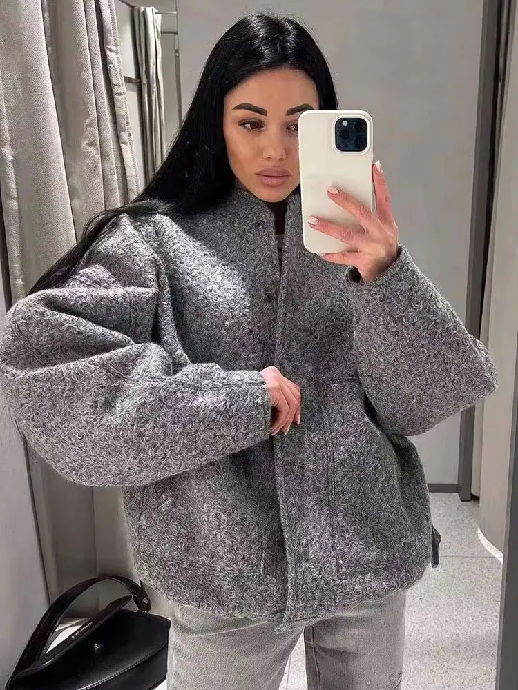 Women Fashion With Pockets Oversized Bomber Jacket Coat Vintage Long Sleeve Snap Button Female Outerwear Chic Tops