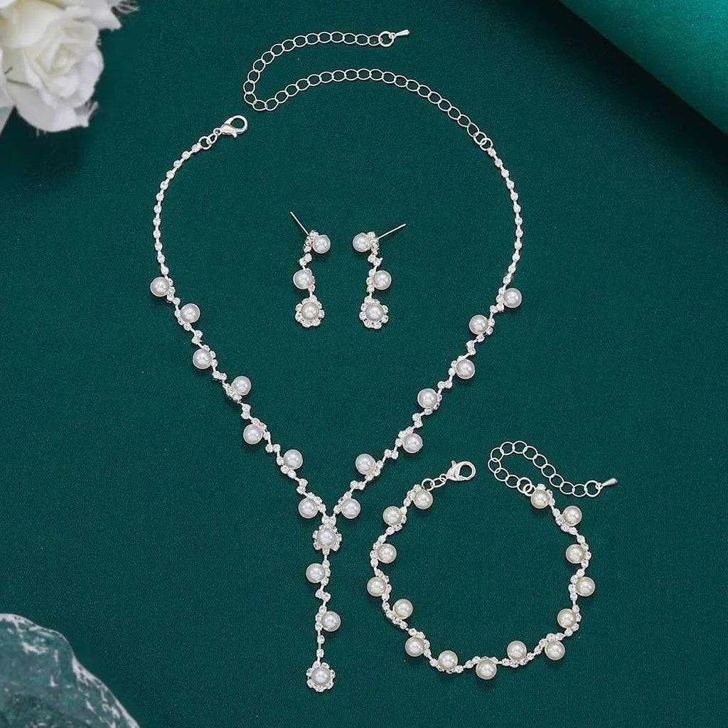 Silver Pearl Bridal Wedding Jewelry Set Rhinestone Necklace Earrings Bracelet Sets Formal Costume Jewelry for Women and Brides