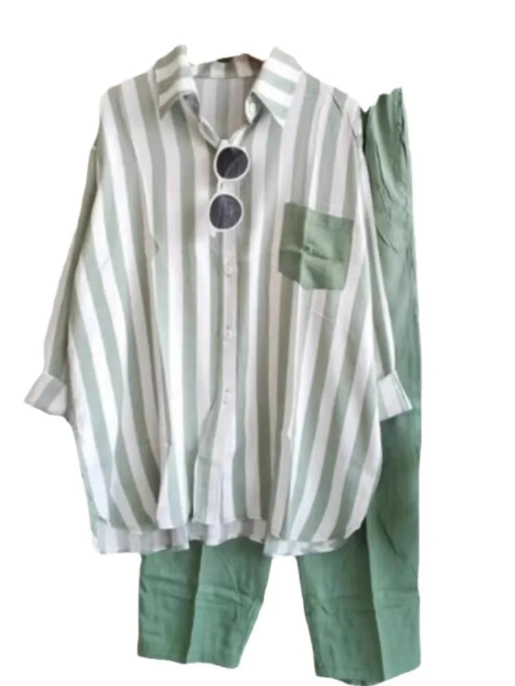 Plus Size Loose Casual Two Piece Sets Women 2025 Fashion Elegant Comfort Striped Long Sleeve Shirts And Long Pants Sportswear