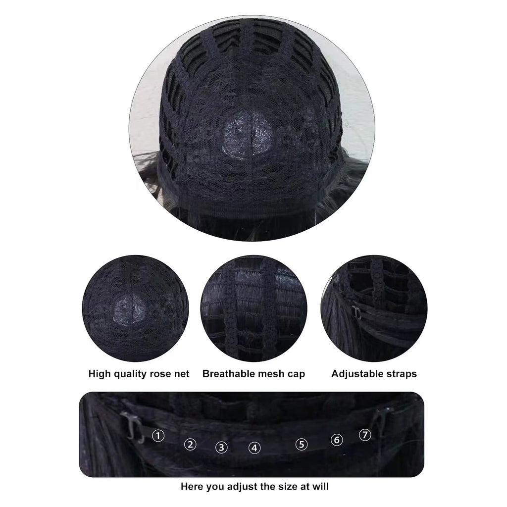 38inch Synthetic Super Long Silky Straight Black Cosplay Wig with Bangs for Halloween & 1pc Wig Cap