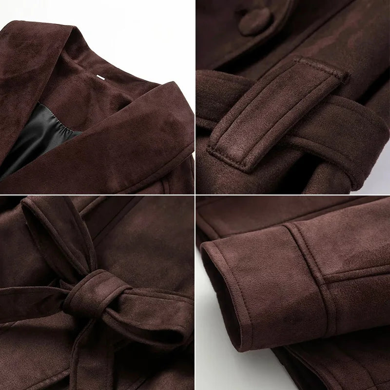 Tornova Retro Suede Long-sleeved Jacket Coat Female V neck Lace Up Jacket 2025 Autumn Winter New Commute Office Lady Outerwear