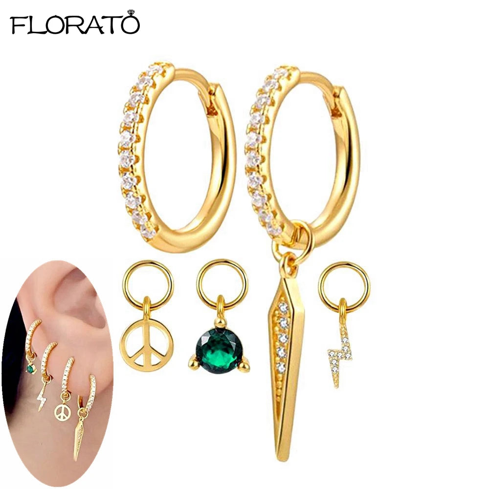 925 Sterling Silver Needle Lightning Pendant Earrings Charming Pave Crystal Gold Hoop Earrings for Women Fashion Jewelry Gifts