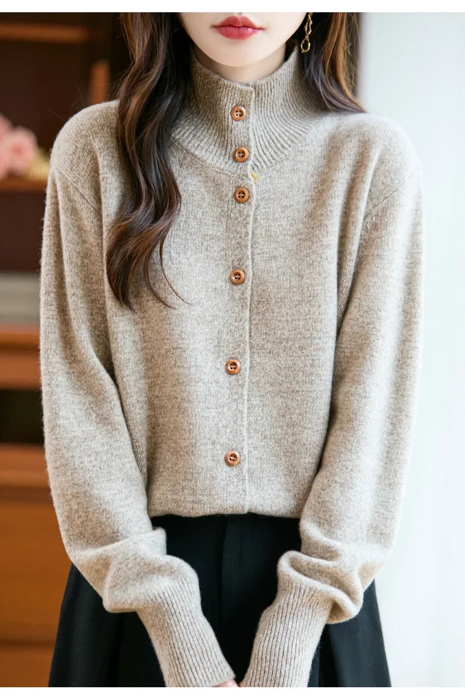 Pure Wool Thickened Knitted High Collar Sweater Coat for Women Winter Season Button up Cardigan Outerwear Floral Pattern