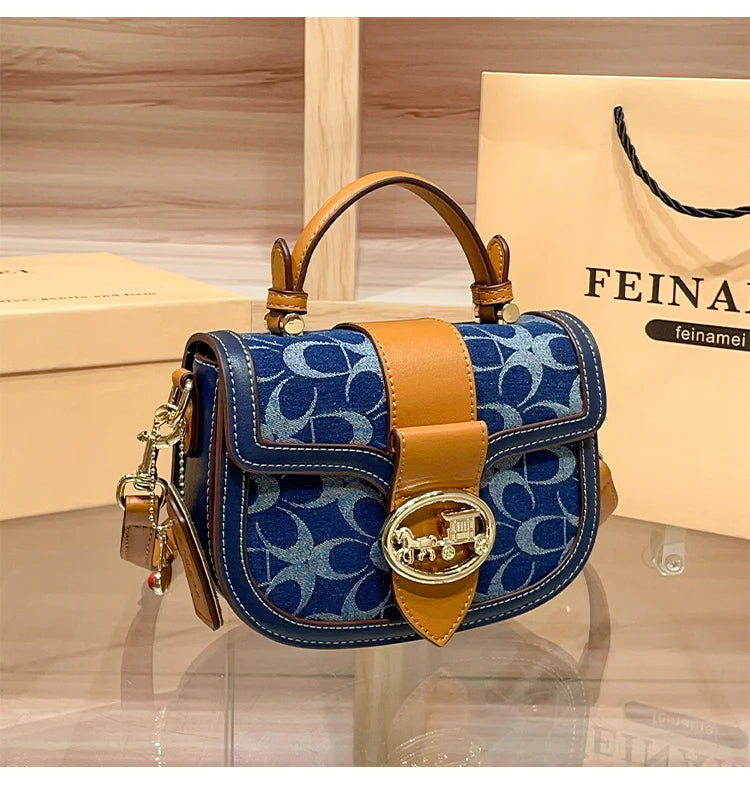 Ladies' handbag, light luxury retro denim canvas bag, fashionable 2025 new style saddle bag, high-end single shoulder crossbody