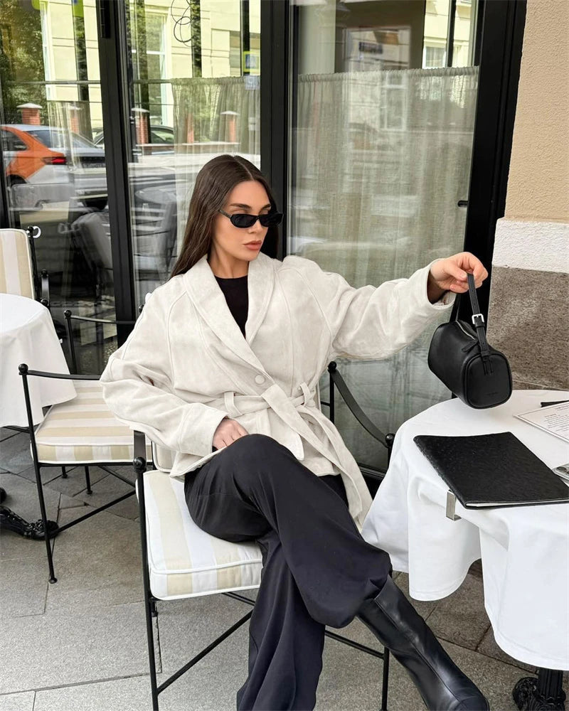 Tornova Retro Suede Long-sleeved Jacket Coat Female V neck Lace Up Jacket 2025 Autumn Winter New Commute Office Lady Outerwear