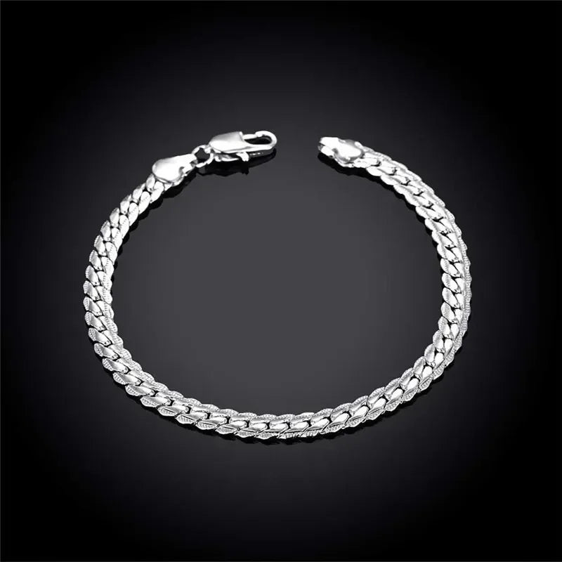 925 Sterling Silver 2 Piece Full Side Chain Necklace Bracelet Women Men Fashion Jewelry Set Wedding Gift