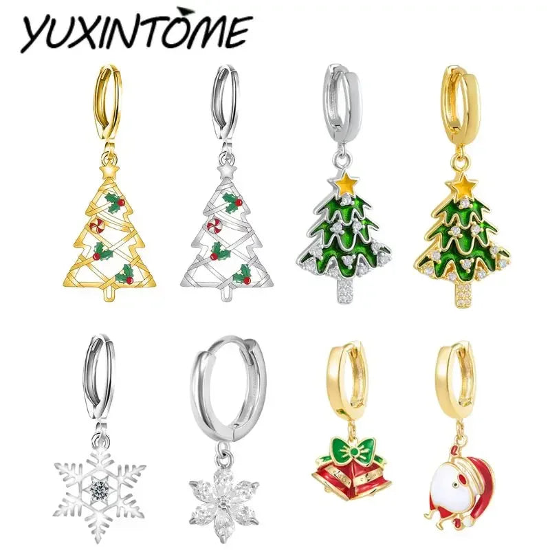 New 925 Sterling Silver Ear Needle Christmas tree/snowflake pendant Hoop Earrings For Women fashion Christmas gifts accessories