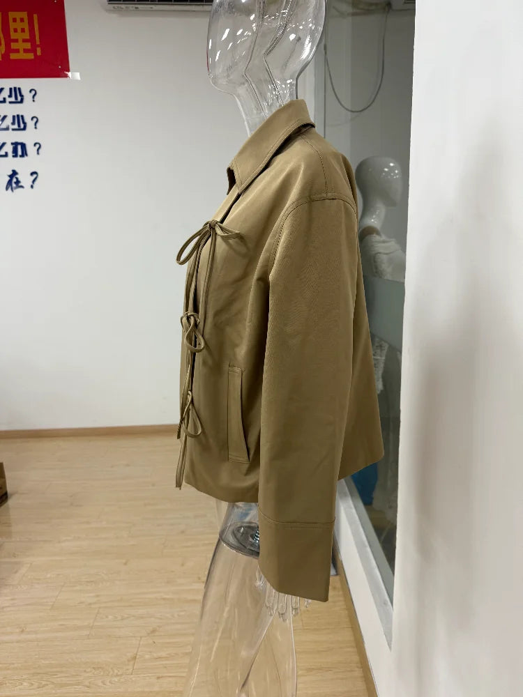 Stylish Cool Jackets Bow Tie Loose Lapel Pocket Coat Casual Vintage Women's Chic Versatile Outerwears Autumn Female Clothing