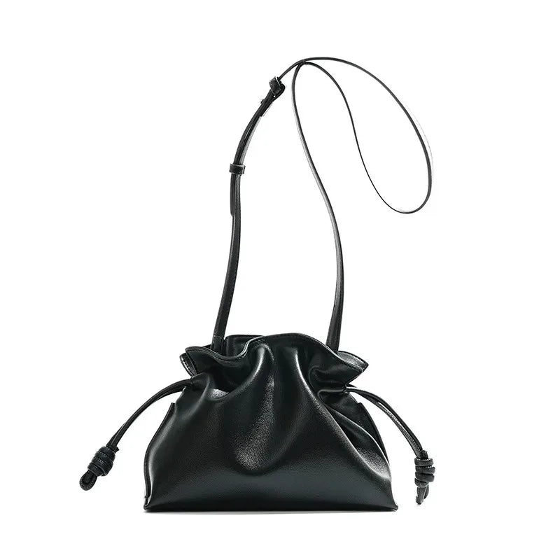 Classic Flamenco Lucky Bag, Genuine Leather Cloud Bag with Drawstring, Shoulder Bucket Bag for Women, Autumn and Winter