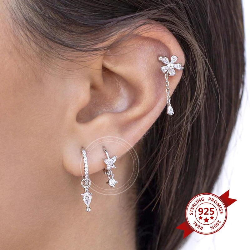 925 Sterling Silver Ear Needle Fashion Hoop Earrings White Crystal Luxury Women's Silver Earrings Wedding Women's Jewelry Gift