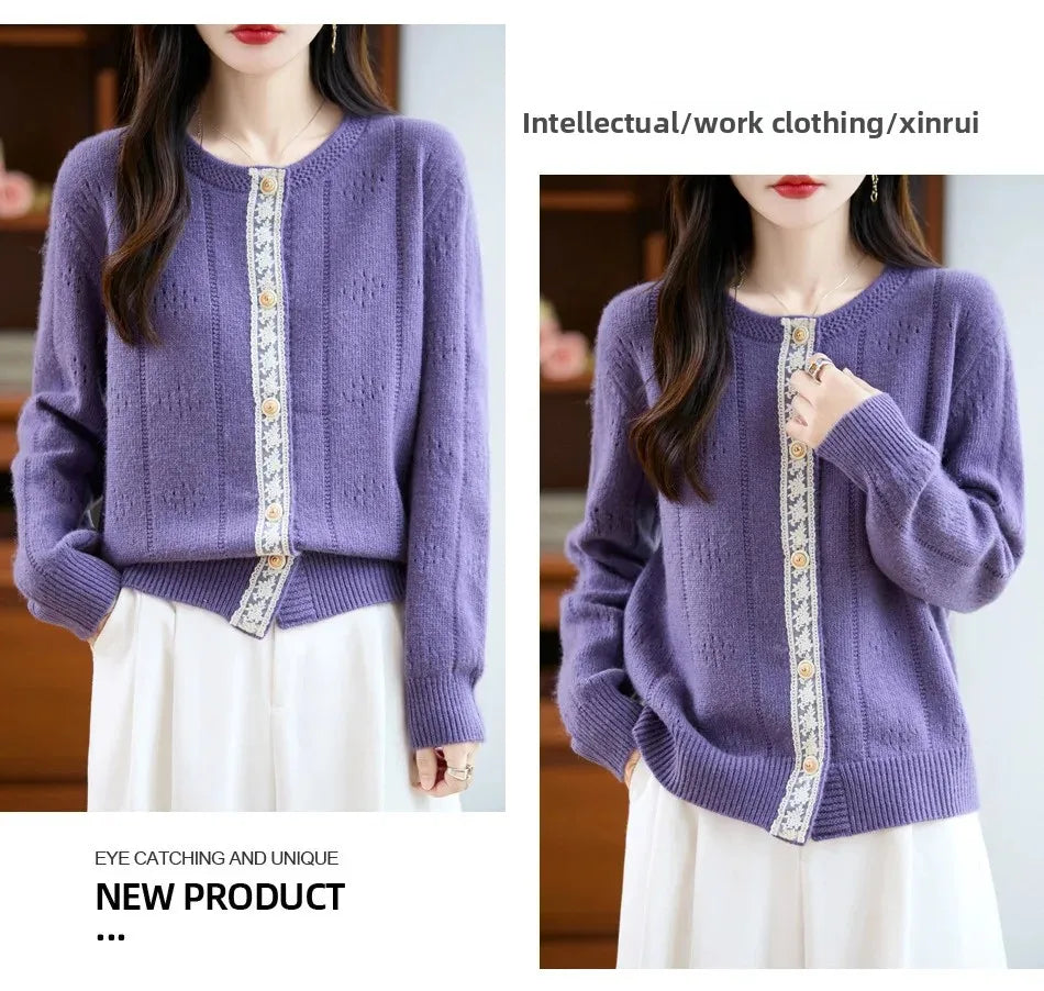 Slimming Soft Lace Splice Knitted Base Shirt French Design Sensation Knitted Open Cardigan Fashionable Anti-Aging Outerwear