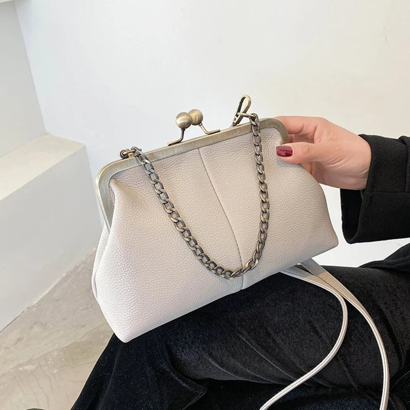 Vintage Soft Skin Shell Bag New Lychee Pattern Handbag Simple And Versatile Shoulder Bag Clip Chain Crossbody Women's Bag
