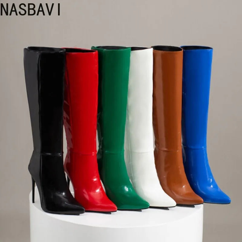 NASBAVI Women's Knee High Boots Sexy Red Blue Black Heeled Long Boot Female Large Size 48 Autumn Winter Party Shoes Ladies
