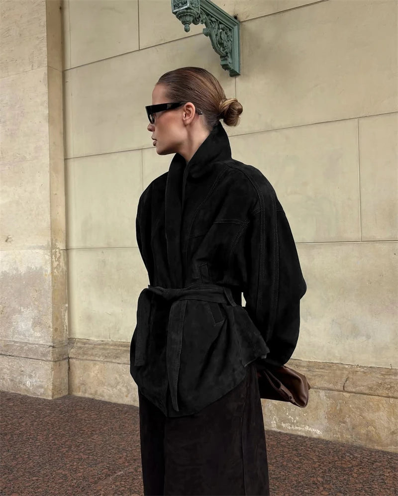 Tornova Retro Suede Long-sleeved Jacket Coat Female V neck Lace Up Jacket 2025 Autumn Winter New Commute Office Lady Outerwear