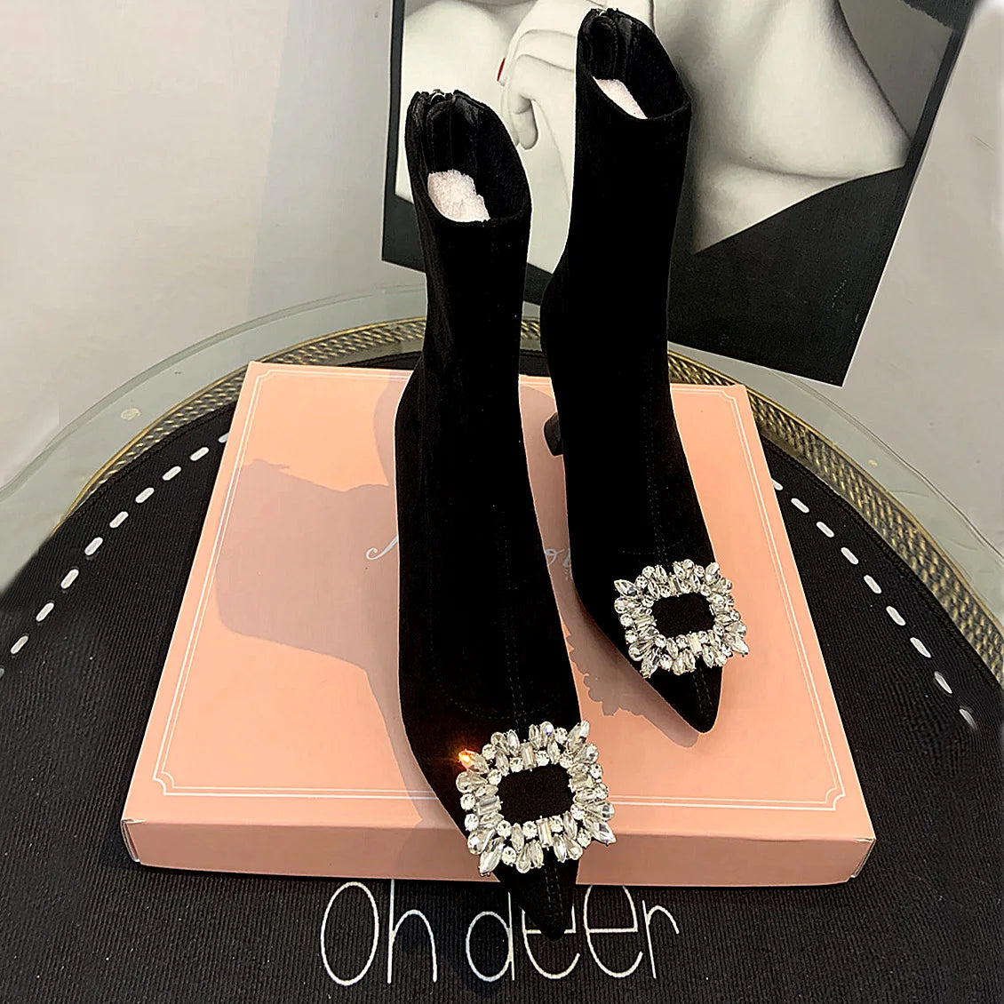 Ankle Boots Women Boots Women Shoes Woman Fashion High-heeled Pointed Flock Boots Spring Autumn Rhinestone Short Boots