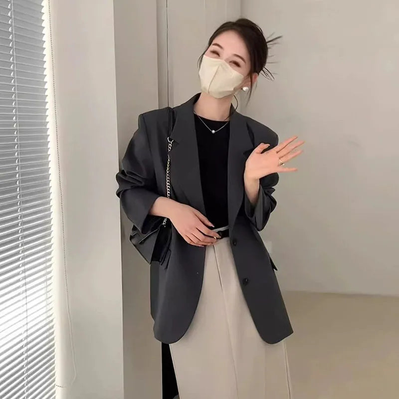 Autumn Winter Black Blazers for Women Fashion Streetwear Single-Breasted Small Suit Jacket Casual Loose Long Sleeve Outerwear