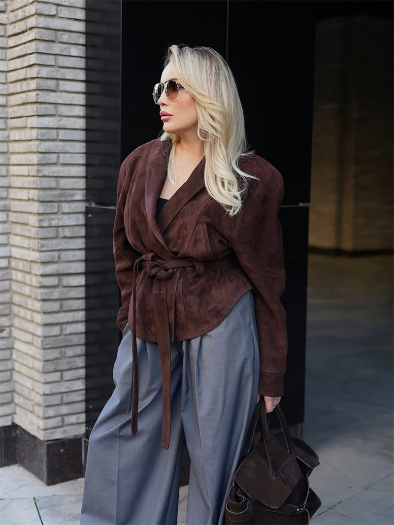 Tornova Retro Suede Long-sleeved Jacket Coat Female V neck Lace Up Jacket 2025 Autumn Winter New Commute Office Lady Outerwear