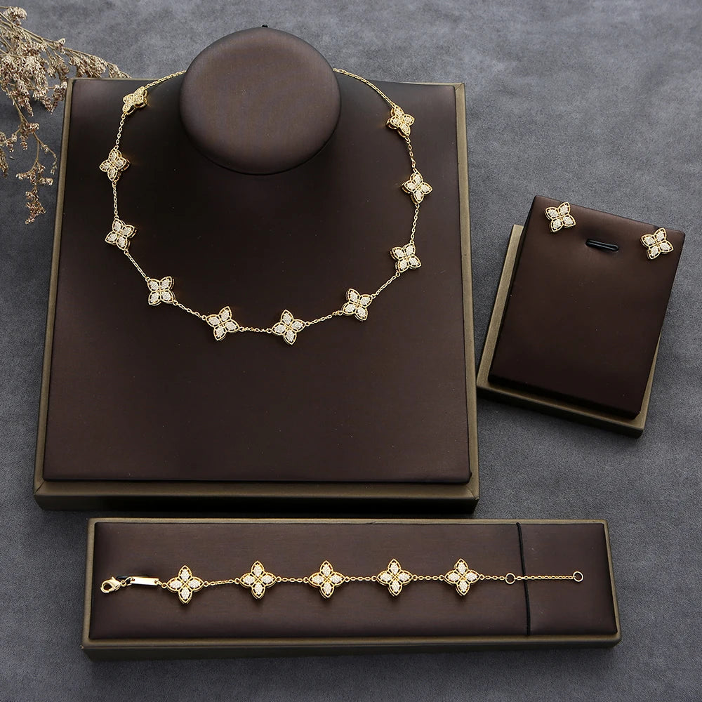 Luxury Flower Statement Necklace earring ring BraceletJewelry Set For Women Wedding Party Full Zircon Dubai Bridal jewelry N0555