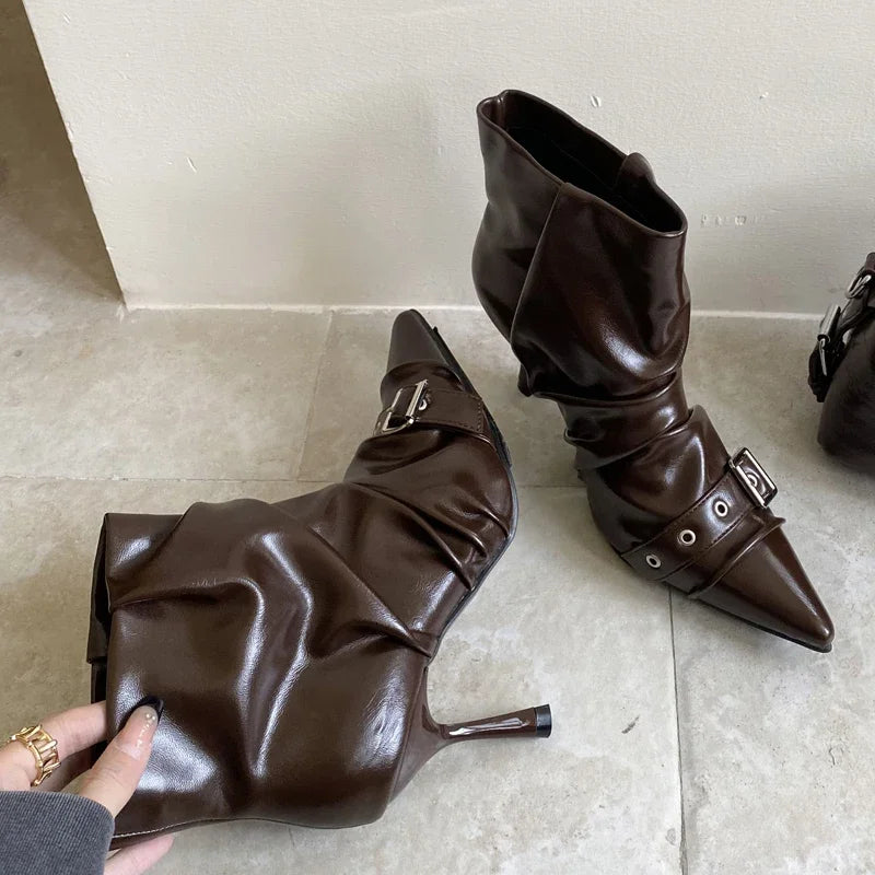 Aneikeh Spring Autumn Short Booties Sexy Thin High Heels Pointed Toe Women Ankle Boots Designer Belt Buckle Pleated Shoes