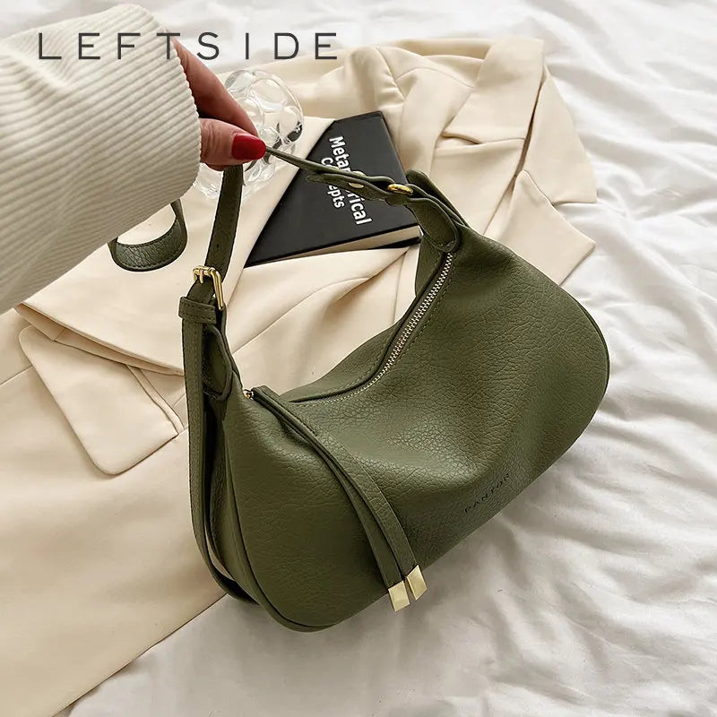 LEFTSIDE Shoulder Side Bags For Women Leather Female New 2025 Spring Trend Fashion Saddle Bag Green Handbags And Purses