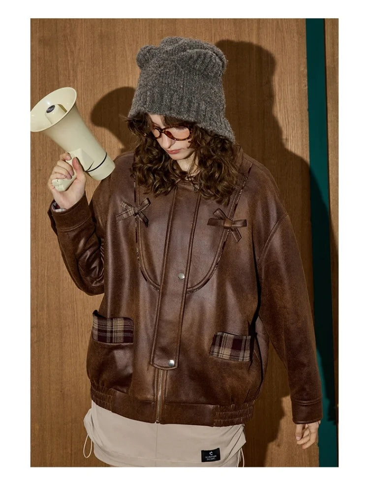 New Arrivals Women's Short Leather Jacket Vintage Y2K Style Loose Fit Plaid Patchwork Design Retro Oversized Autumn Outerwear