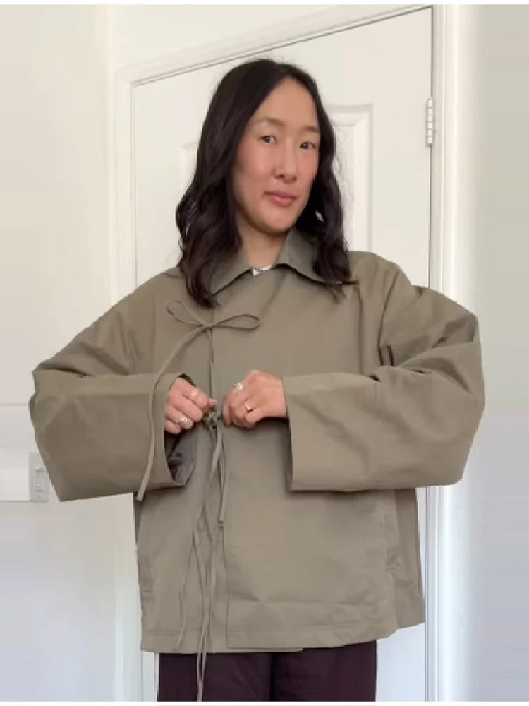 Stylish Cool Jackets Bow Tie Loose Lapel Pocket Coat Casual Vintage Women's Chic Versatile Outerwears Autumn Female Clothing