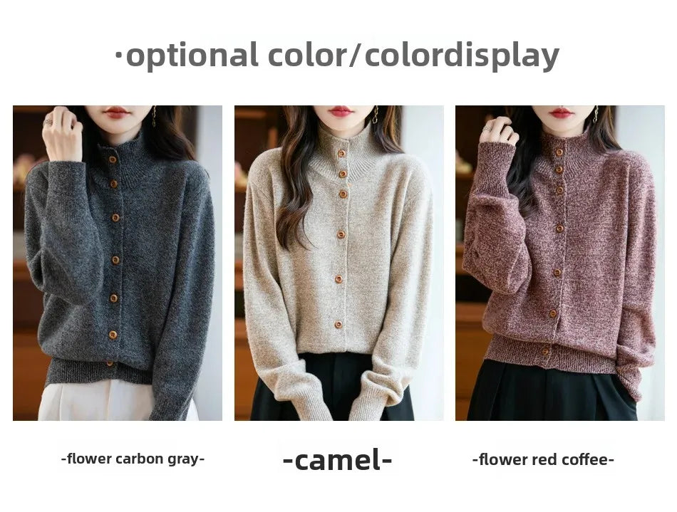 Pure Wool Thickened Knitted High Collar Sweater Coat for Women Winter Season Button up Cardigan Outerwear Floral Pattern