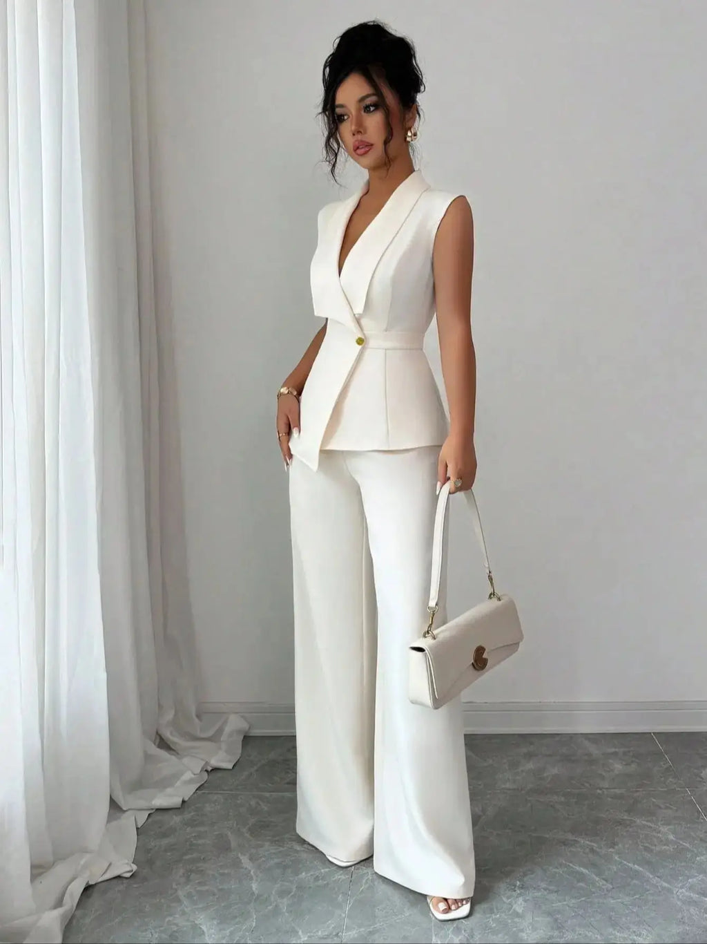 European and American Elegance Solid Color Vest and Straight Leg Pants Set for Women