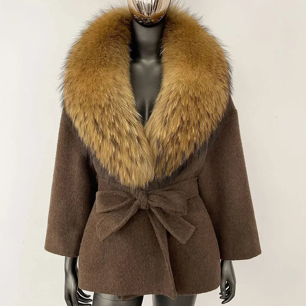 OFTBUY Real Raccoon Fox Fur Coat 2024 New Belt Pocket Winter Blends Wool Coat Women Loose Outerwear Fur Jacket Casual Streetwear