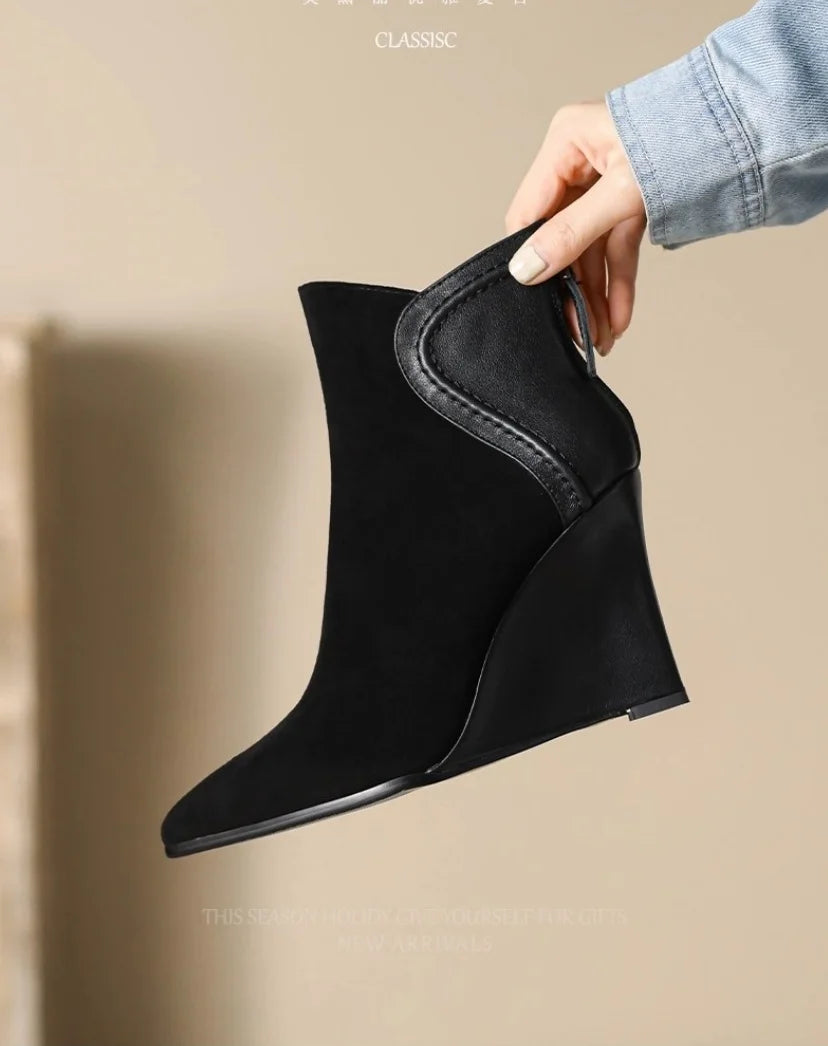 Wedges Women's Ankle Boots Pointed Toe Fashion Shoes Designer Suede Winter Boots 2025 High Heels Dress Luxury Botas Para Mujer