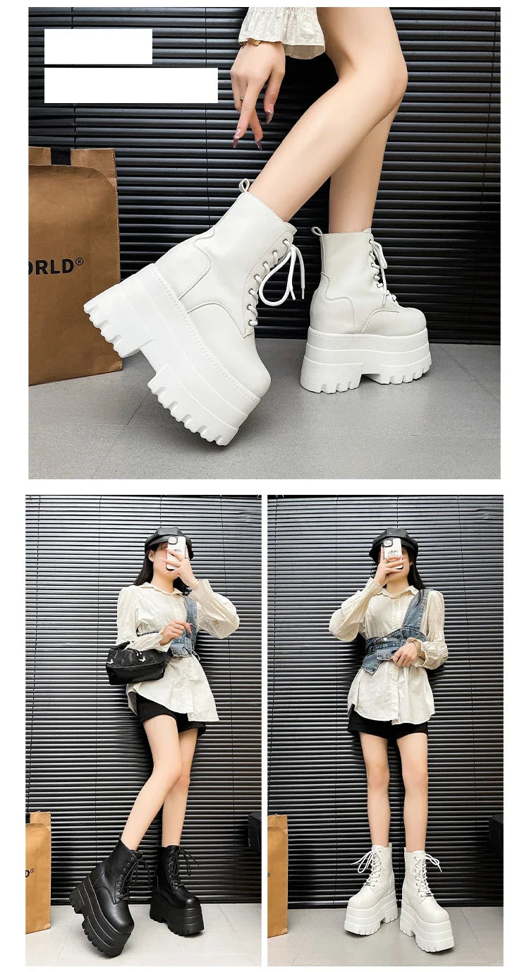 Women 13 CM Platform Boots Casual Outdoor Shoes Chunky Simple Lace Up Design Ankle Boots Cool Nightclub Party Black Shoes 35-43