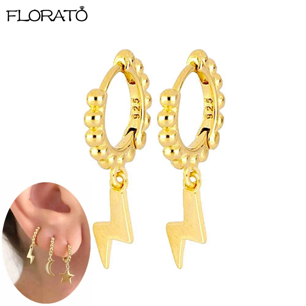 925 Sterling Silver Needle Lightning Pendant Earrings Charming Pave Crystal Gold Hoop Earrings for Women Fashion Jewelry Gifts