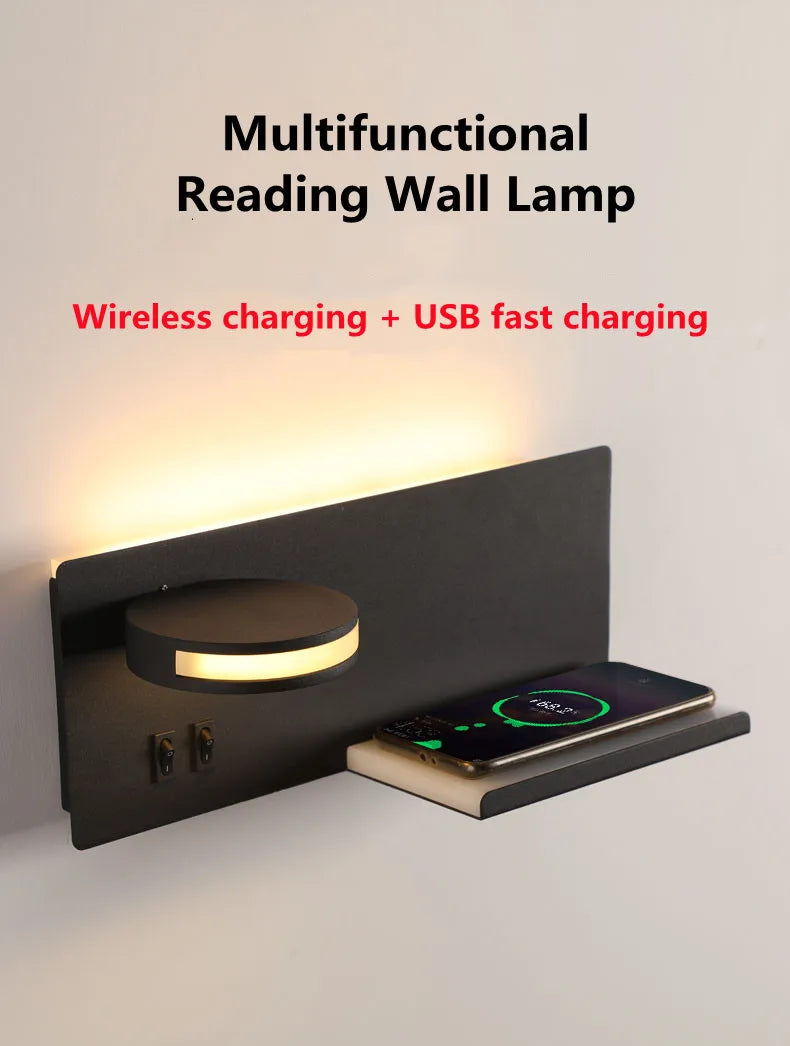 Wireless Charging Wall Lamp Bedroom Bedside USB Wall Light Rotatable Reading Lamp Study Room Switch Modern Multifunctional Hotel