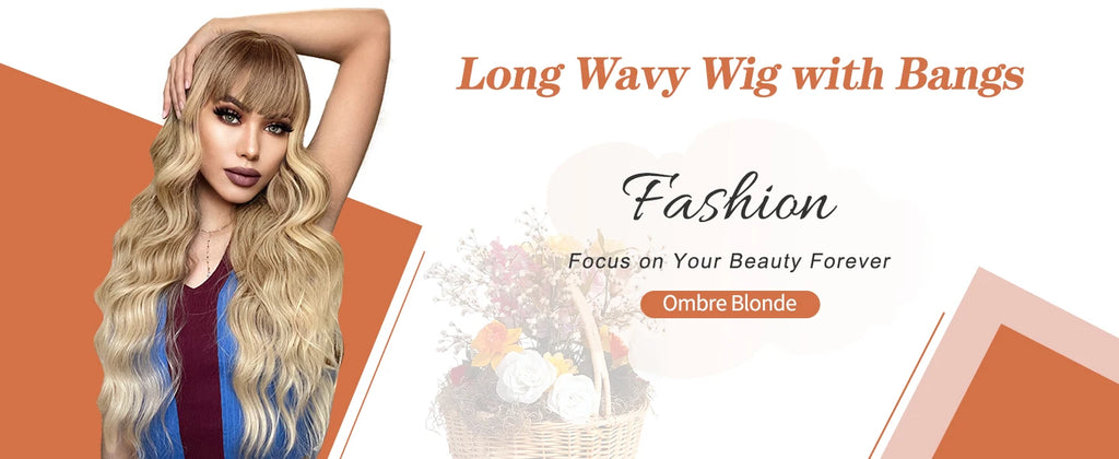 Synthetic Long Blonde Wigs with Bangs for Women Curly Wavy Hair Wigs Heat Resistant Fiber Wigs for Daily Party Use 26 Inches