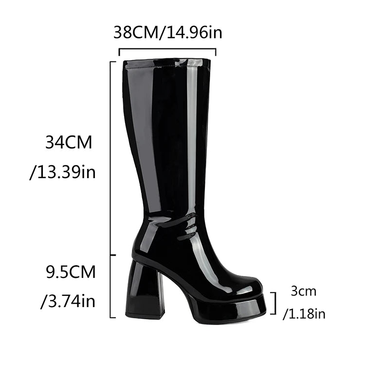 Plus Size Glossy Patent Leather Upper Square Toe Super Thick Heel Plush Lining Women's Knee Boots Platform Side Zipper Boots
