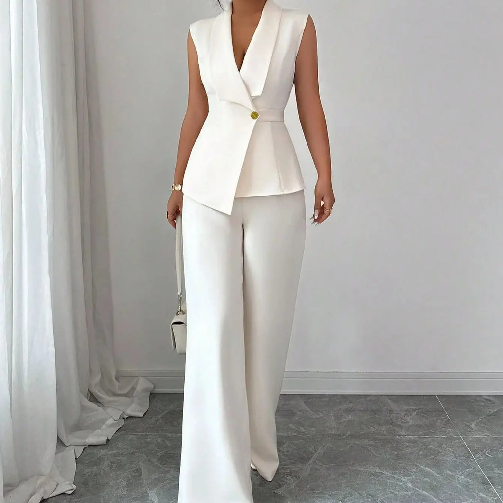 European and American Elegance Solid Color Vest and Straight Leg Pants Set for Women