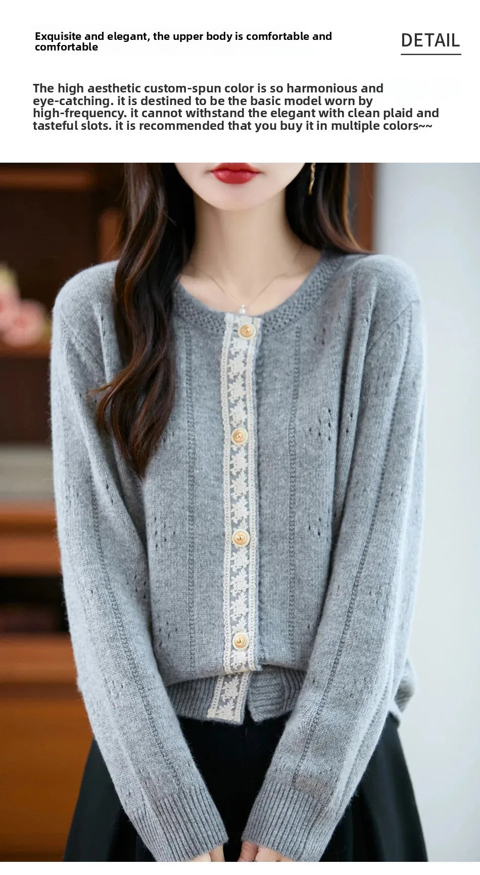 Slimming Soft Lace Splice Knitted Base Shirt French Design Sensation Knitted Open Cardigan Fashionable Anti-Aging Outerwear